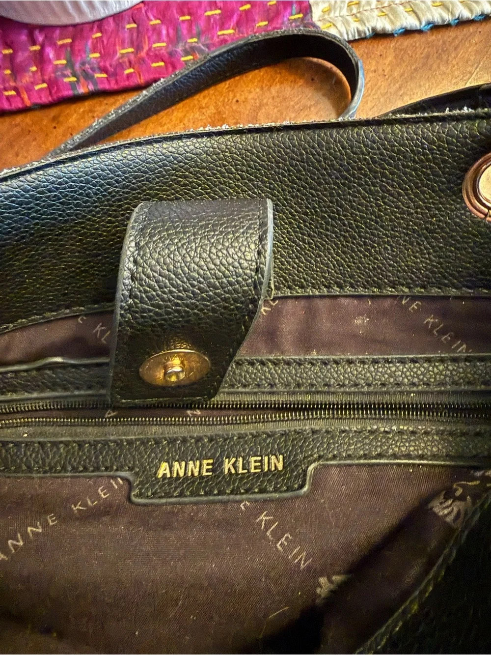 Anne Klein Black Pebbled Leather Shoulder Tote with Tassel
